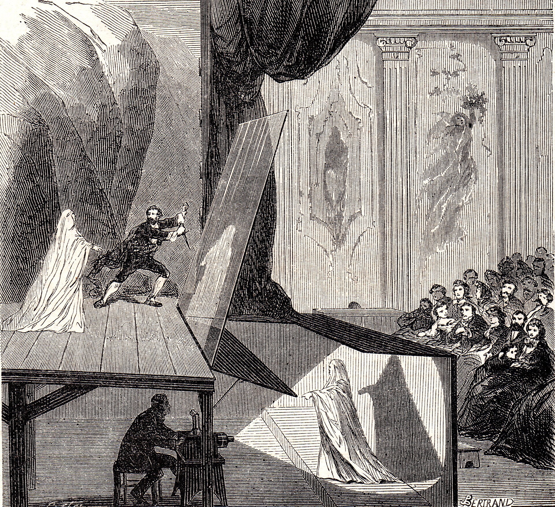 A nineteenth-century engraving of the Pepper's ghost illusion on stage