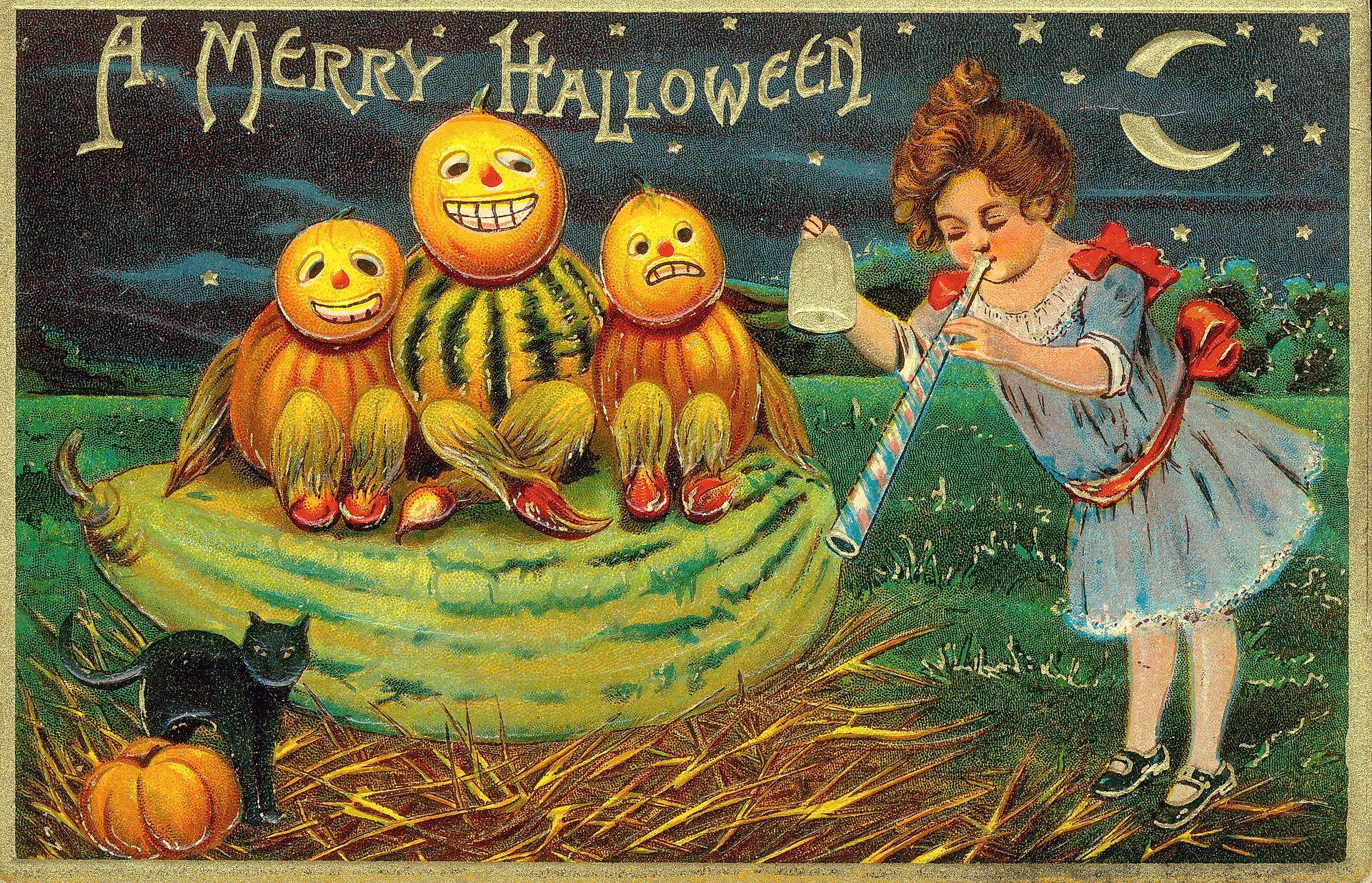 An early twentieth-century Halloween postcard with grinning jack-o'-lanterns