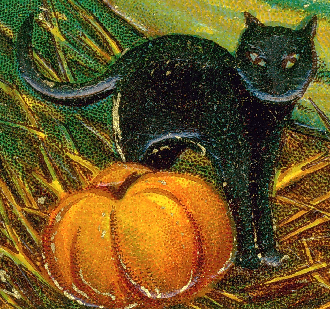 An early twentieth-century Halloween postcard of a black cat and a pumpkin