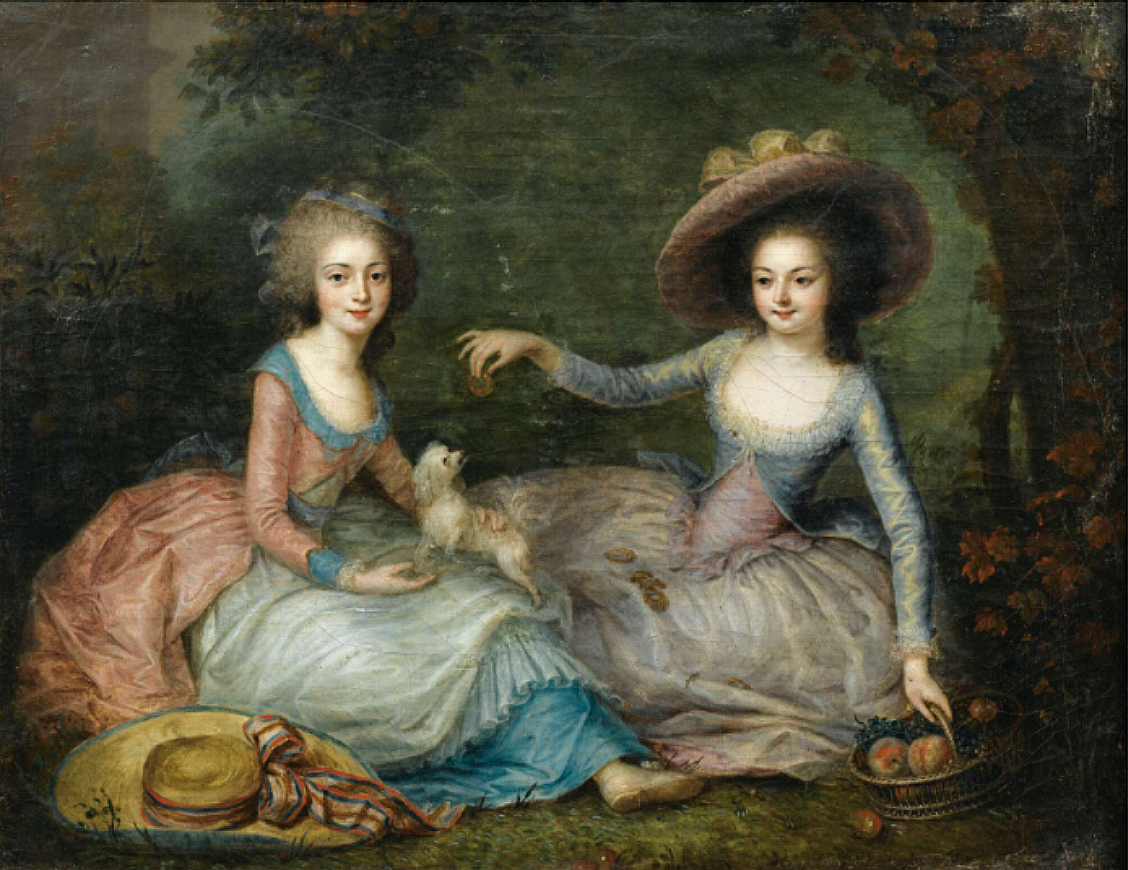 An eighteenth-century painting of two women in silk gowns