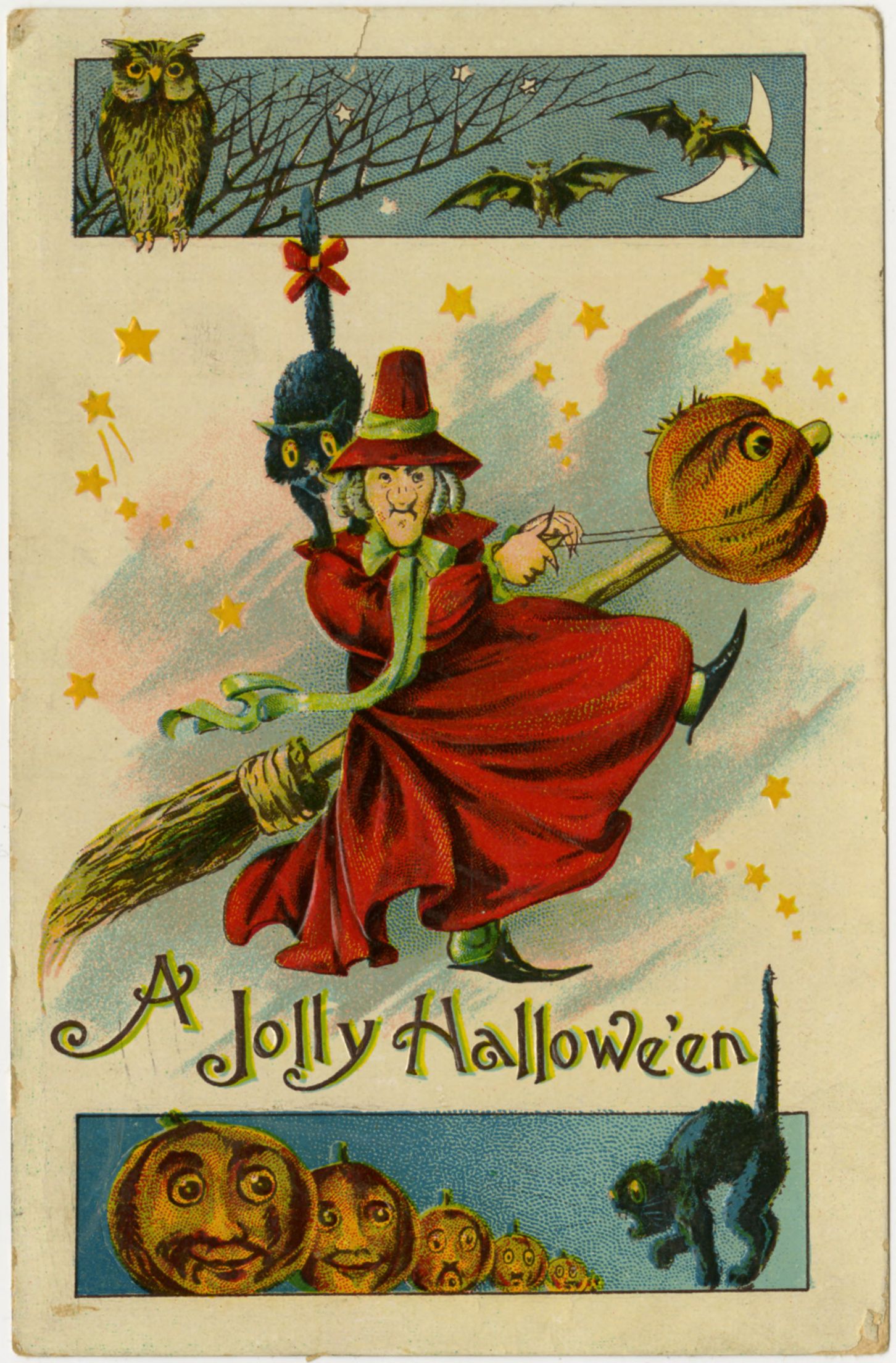 An early twentieth-century Halloween postcard of a witch on a broomstick